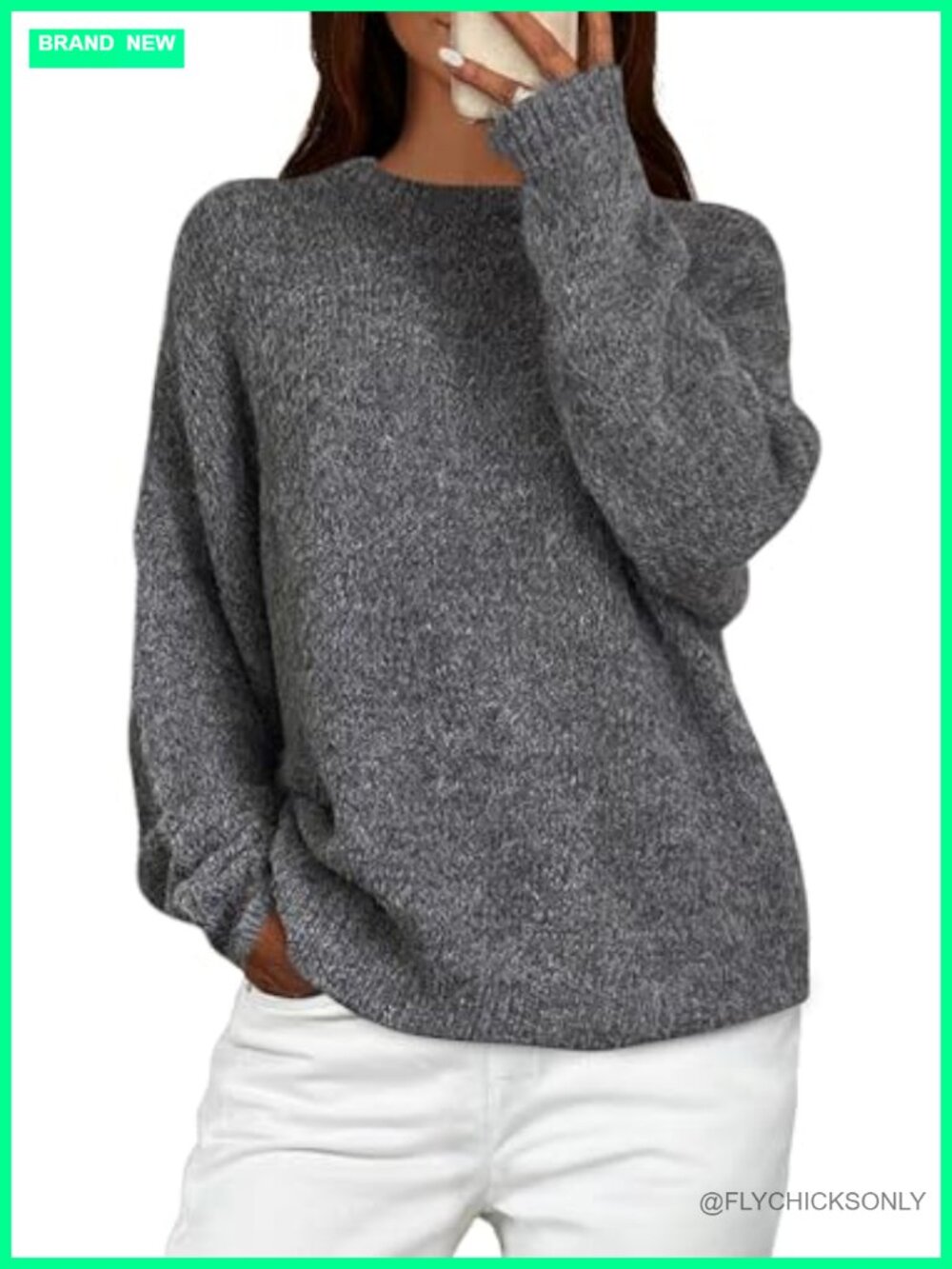 Long Sleeve Crewneck Chunky Fuzzy Pullover Sweater Loose Fit Women